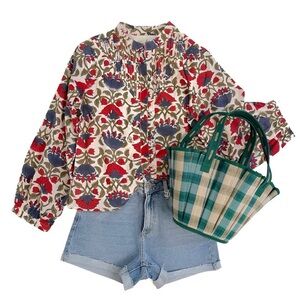 Fox & Hen Floral Blouse with Red and Blue Accents